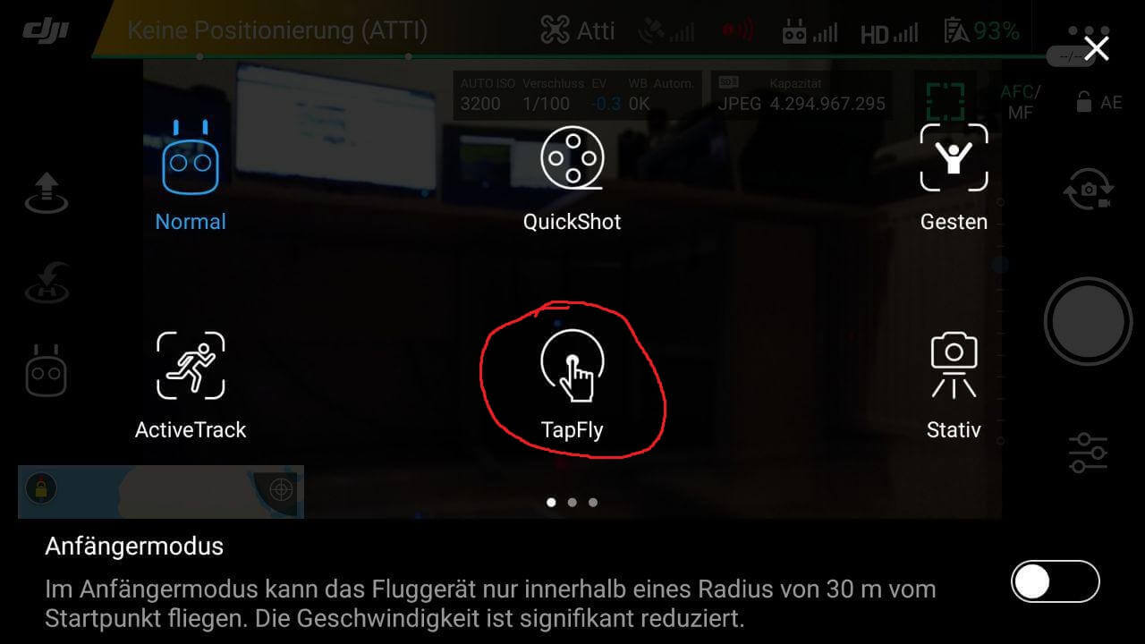 DJI TapFly Einstellungen Auswahl