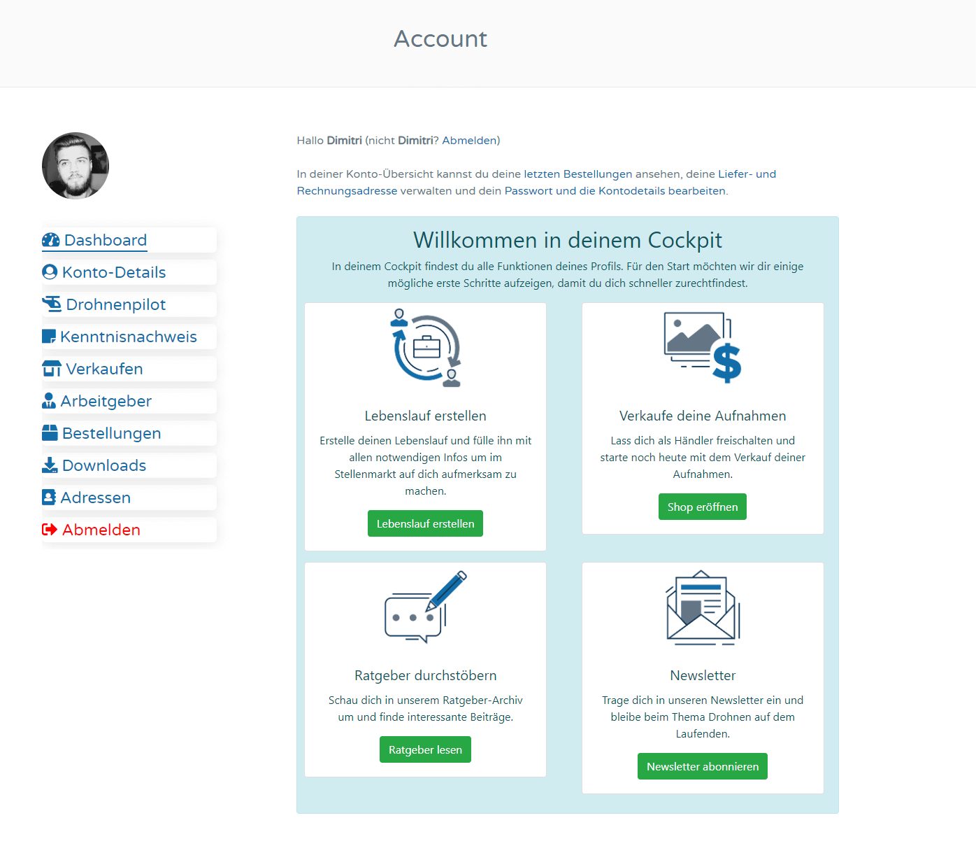 deindrohnenpilot cockpit accountverwaltung