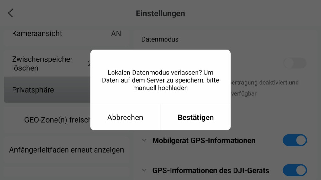 dji fly app local data mode deaktivieren