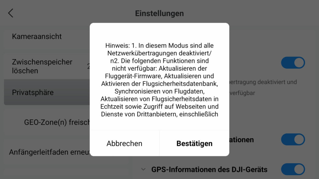 dji fly app local data mode einschränkugnen bestätigen