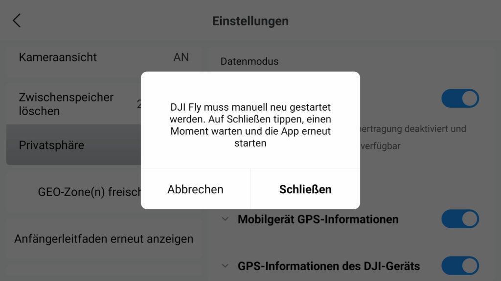 dji fly app local data mode neustart