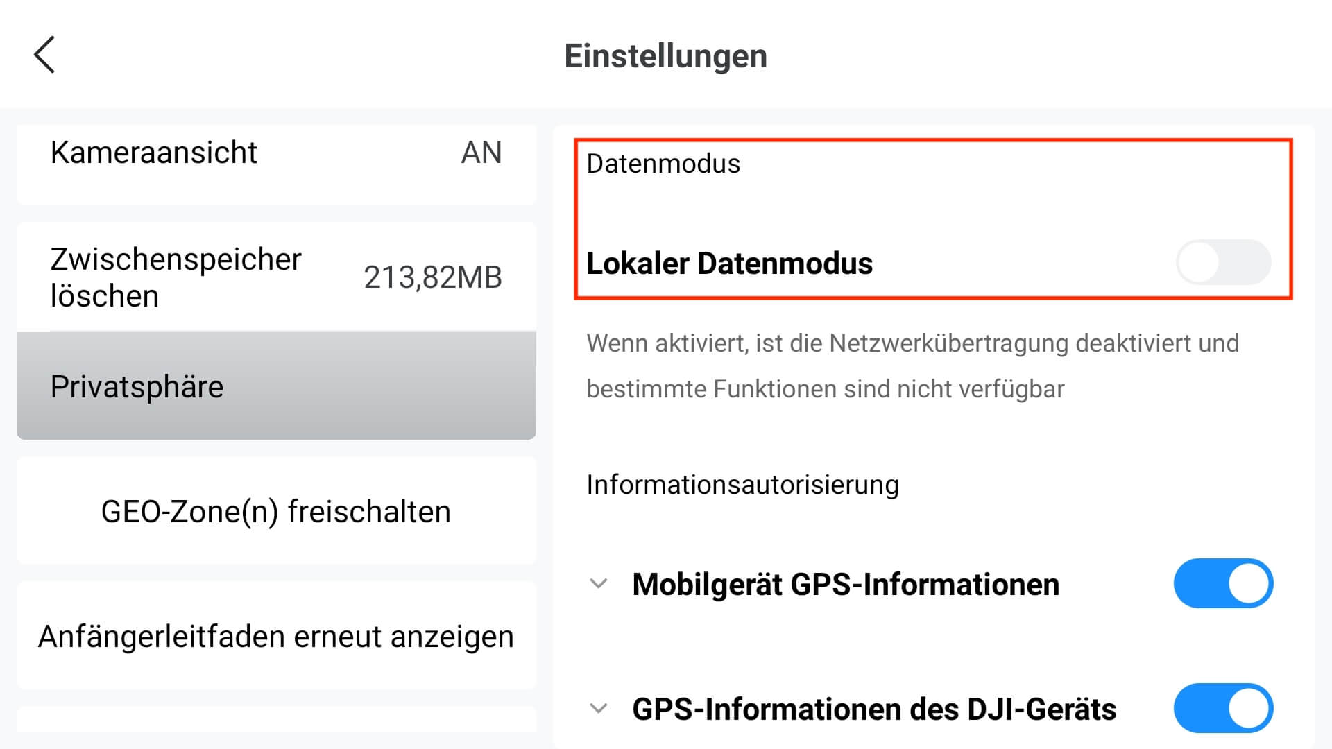 dji fly app local data mode privatsphäre