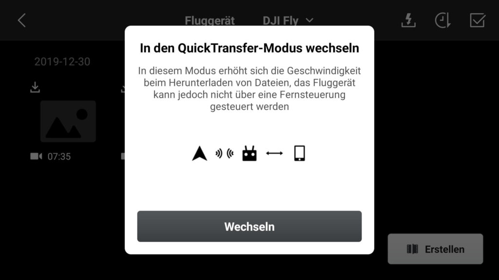 dji fly app quicktransfer start mit fernsteuerung