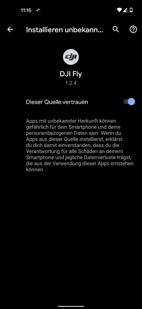 dji fly app in-app-update einstellungen installtion unbekannter apps