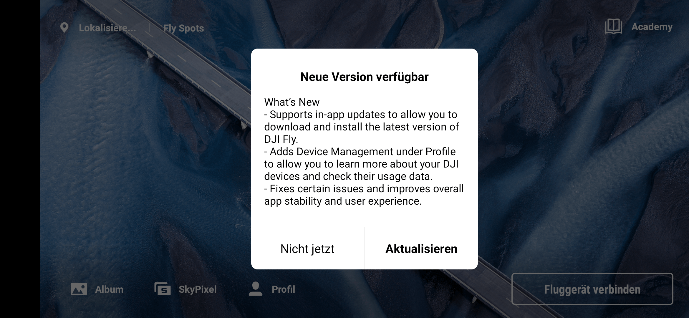 dji fly app in-app-update hinweis neue version