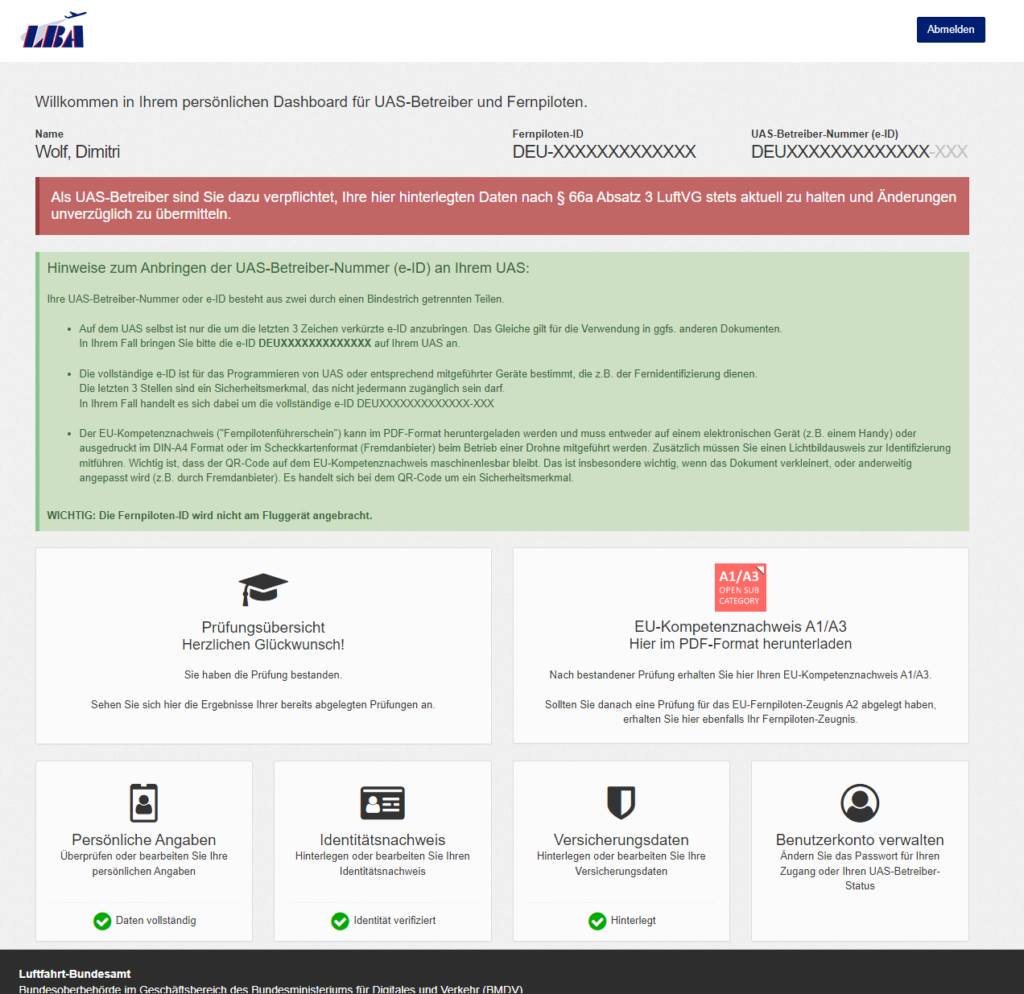 drohne registrieren LBA Benutzeraccount Betreiber Ansicht