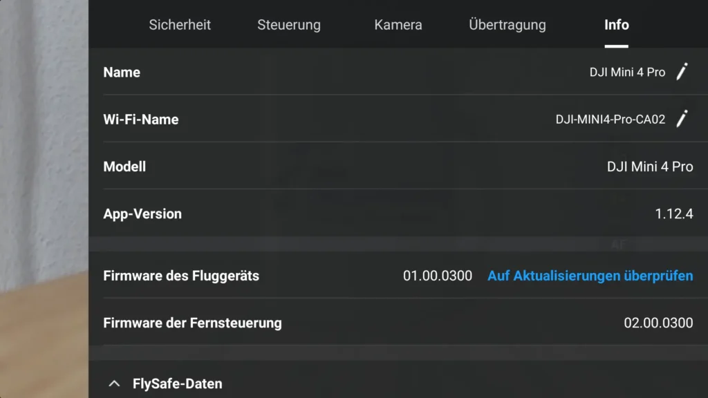 DJI Fly App Info Einstellungen