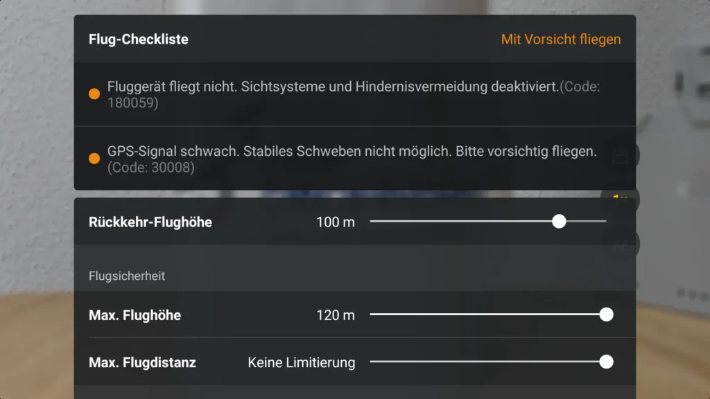 DJI Fly App Warnhinweise